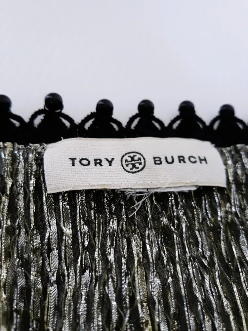 Tory Burch Silver Gold Lame Beaded Scarf Party Event Lightweight